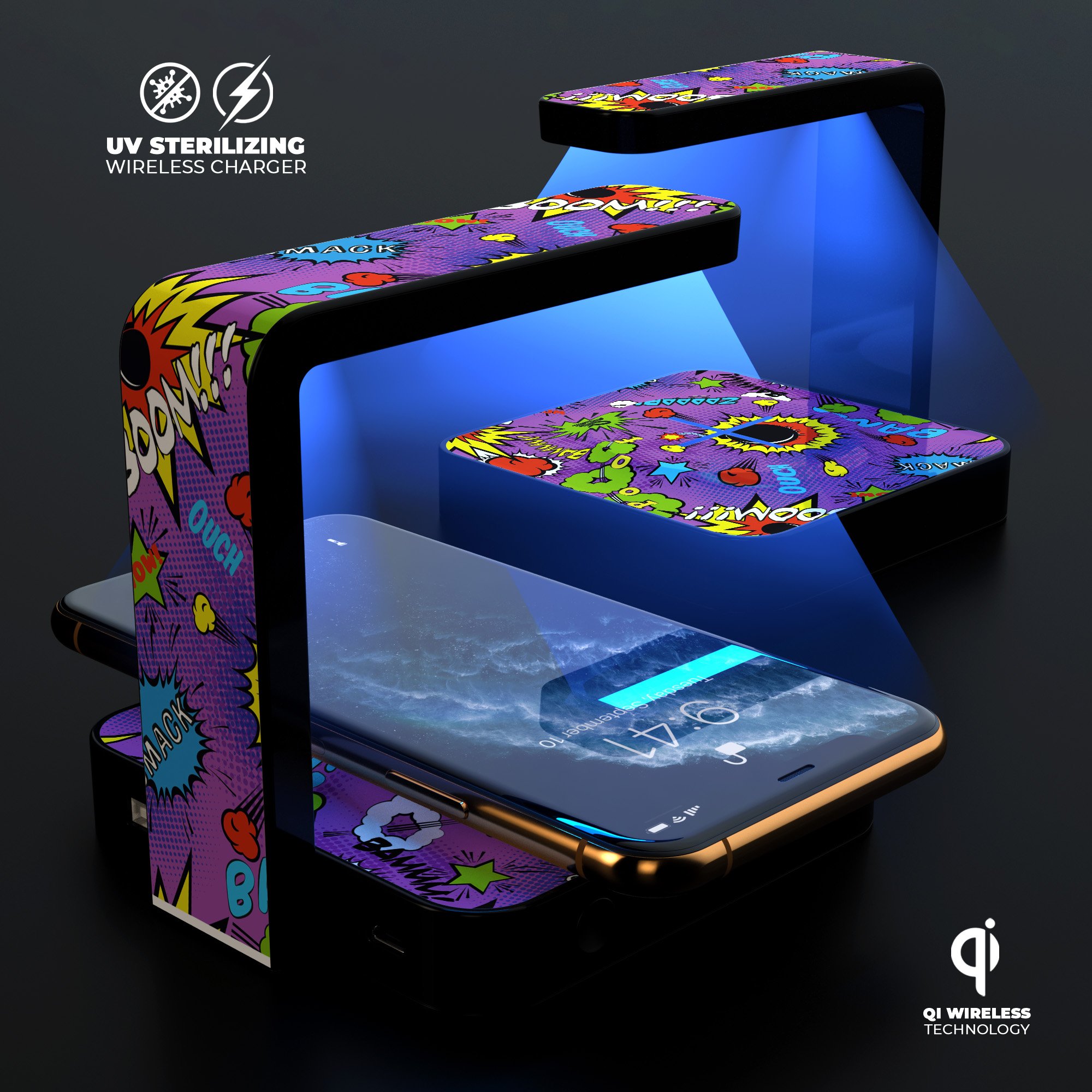 Bang Comic Speech Bubbles V2 UV Germicidal Sanitizing Sterilizing charger with wireless charging and sterilizing lamp features.